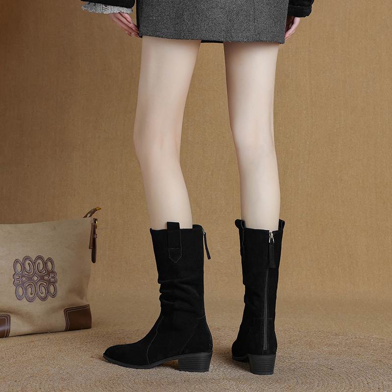 Krazing Pot Зимние женские сапоги из коровьей замши и нубука с круглым носком и средним каблуком, элегантные женские сапоги до середины голени в стиле ретро со складками