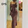 Lady Evening Dress Bateau Neckline Off Shoulder Long Sleeves Shimmering Sequin Bronzing Strapless Bodycon Prom Cocktail Party Maxi Dress