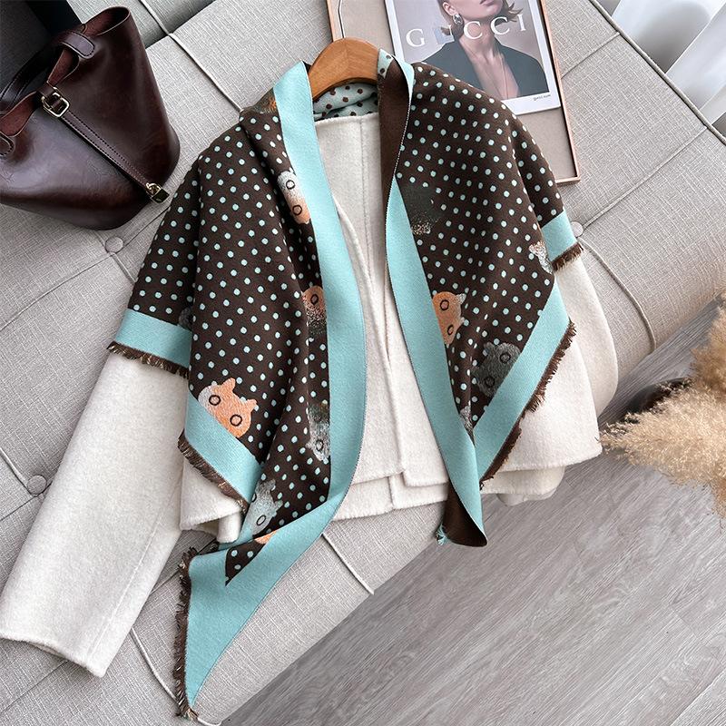 Autumn And Winter Triangle Scarf Polka Dot Kitten Print Double-Sided Warm Scarf Shawl Outer Cover Women