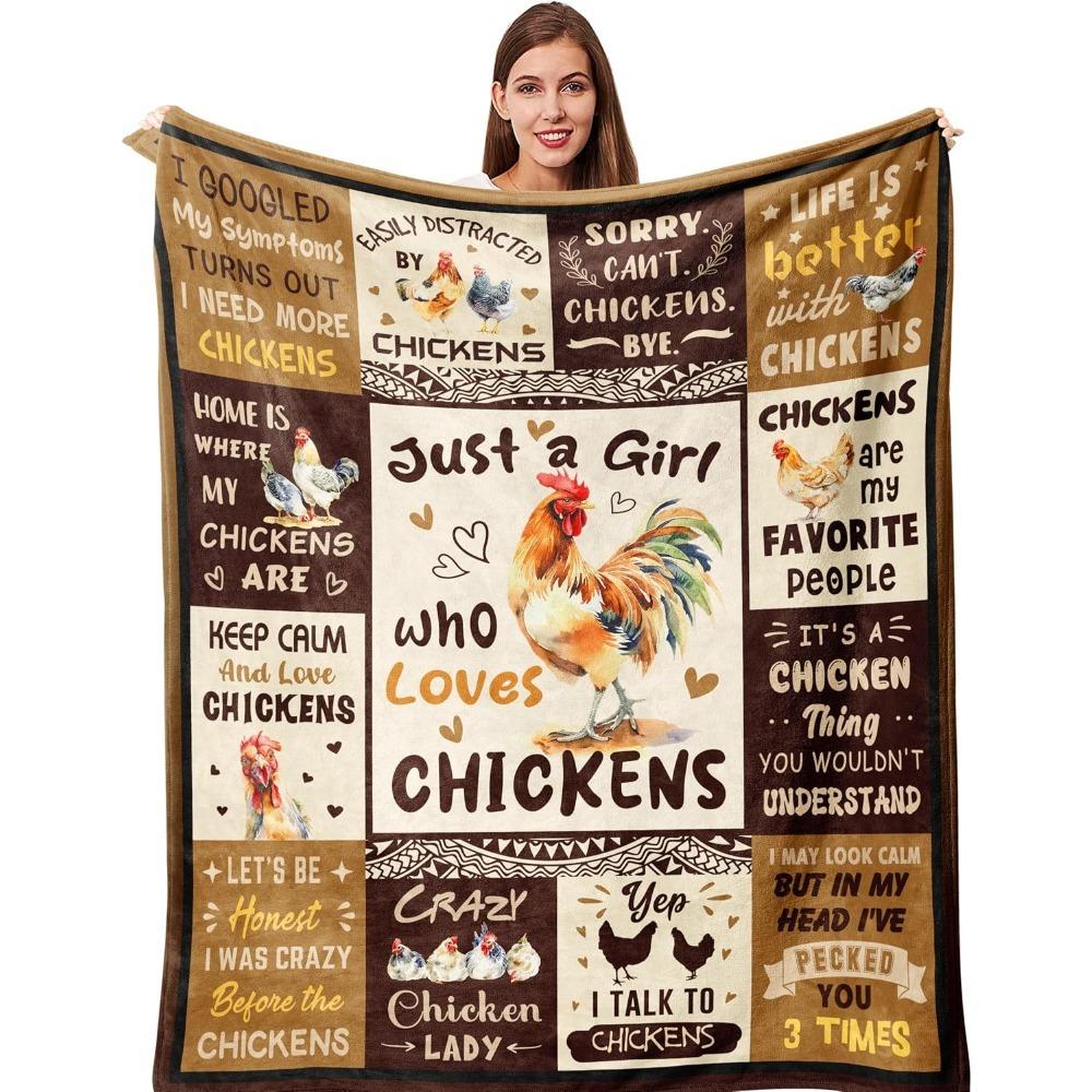 Just Who Loves Chickens Patchwork Flannel Blanket Farm Chicken Rooster Quote Print Soft Warm Throw Blanket Sofa Bedroom Farm Animal Home Decor Gift