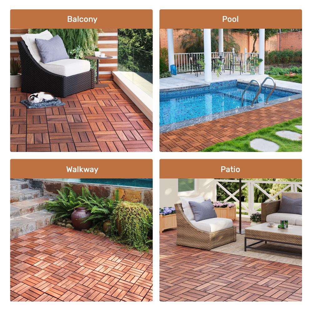 Acacia Wood Interlocking Deck Tiles Checker Pattern 12"x12" Brown Hardwood Flooring for Patio Balcony Poolside