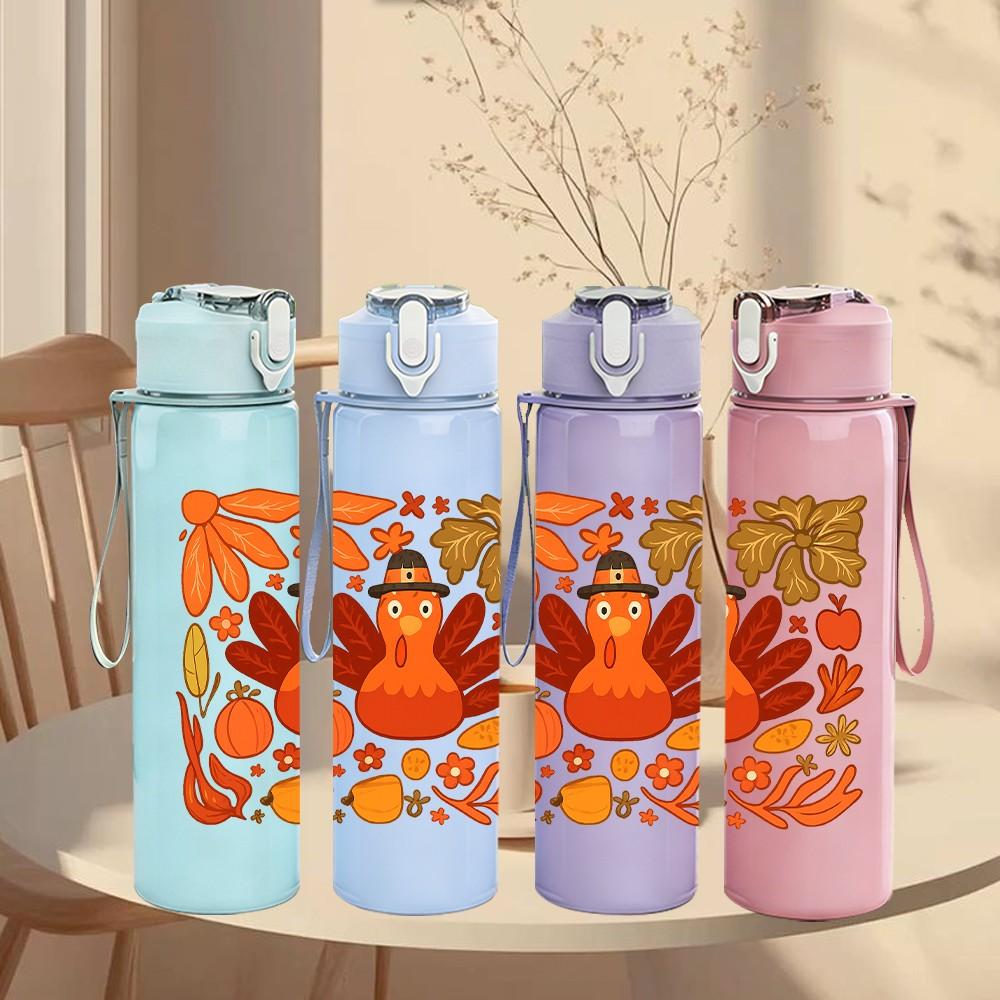 1PC Autumn Maple Turkey Art 750ml Color Plastic Sports Water Bottle Leakproof Flip Straw Lid Suitable for Sports Office Home Use