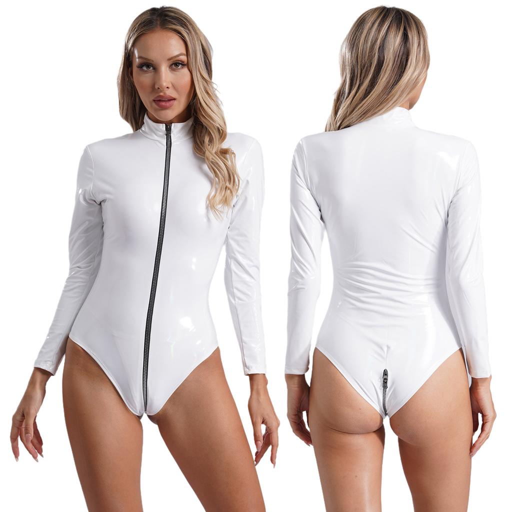 Женский комбинезон с застежкой-молнией на 3 конца, латексный боди, сексуальный клубный костюм, облегающие колготки с высоким вырезом, комбинезон для танцев на шесте