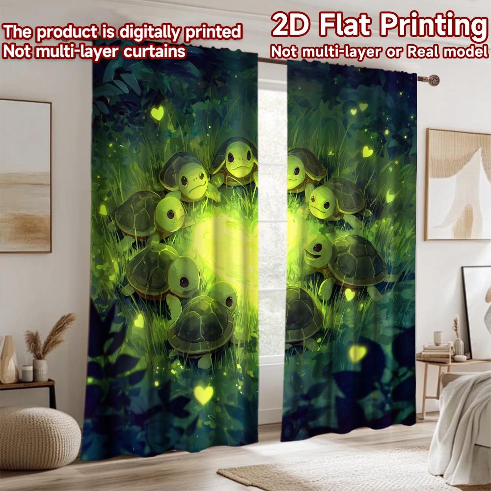 2D flat printing 2pcs Curtains Cute Turtles Glowing Hearts Digital Printed Polyester Drapes Birthday Party for Indoor