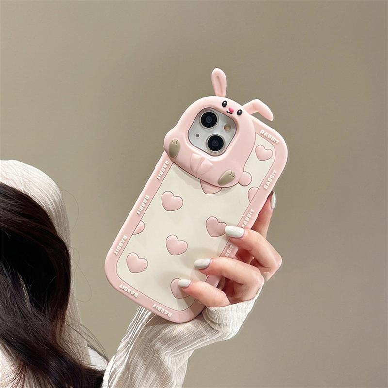 Корейский защитный чехол для объектива с милым мультяшным 3d медведем и кроликом для Iphone 14 13 12 11 Pro Max, мягкая силиконовая задняя крышка с милыми животными