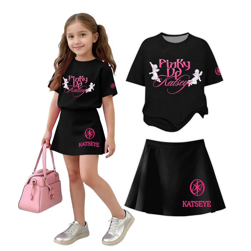 Girls Casual Two Piece Set Loose Fit Short Sleeve Crew Neck Top with Printed Design and Matching Skirt Comfortable Summer Outfit