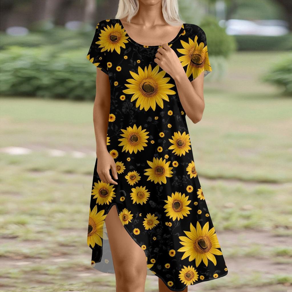 Short Sleeve Boho Dress For Women Casual Loose Fit Summer Sundress Floral Print Dress With Pockets