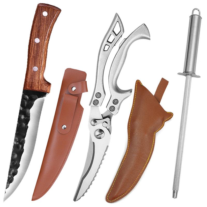 Hunting Knife Stainless Steel Boning Butcher Knife Meat Cleaver Camping Knife Kitchen Scissors Chicken Bone Shears