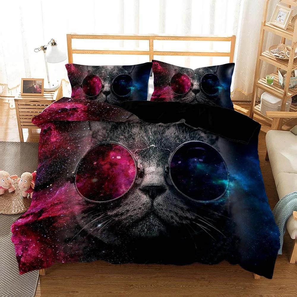 Детское одеяло/пододеяльник Galaxy Cat с наволочками, мультяшное животное, пододеяльник, постельный набор, звездное небо, домашнее животное, детское покрывало для кровати, комплекты