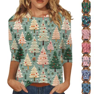 Женская модная повседневная футболка с рукавом три четверти и рождественским принтом, с круглым вырезом