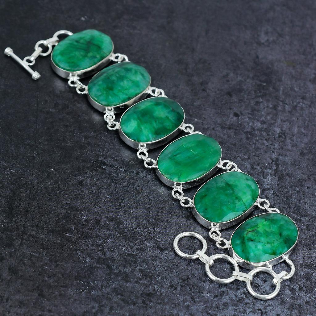 Natural Emerald Gemstone Handmade 925 Sterling Silver Bracelet 7-8" C5i23