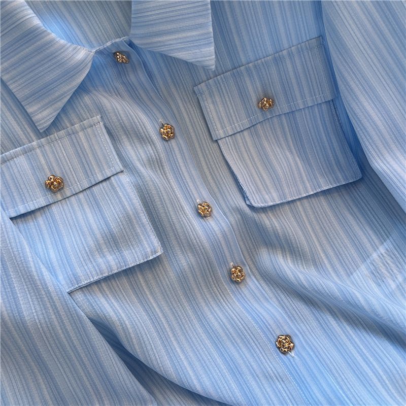 Blue Stripe Women Shirt New French Ladies Blouse Thin Korean Small Fragrance Top Elegant Loose Long Sleeved Blusas