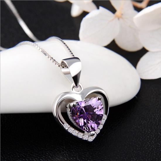 European Korean Style 925 Sterling Silver Heart Necklace Women Purple Blue Zircon Heart‑shaped Pendant