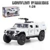1/28 масштаб Dongfeng Warriors, литая под давлением модель автомобиля из сплава в стиле милитари, игрушечный грузовик с откатным механизмом со звуком и светом для детей и взрослых, подарочная коллекция