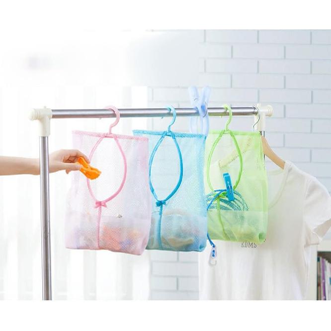 Multipurpose Mesh Clothesline Bag with Hanger for Kitchen Bathroom Storage and Laundry Drying Organizer