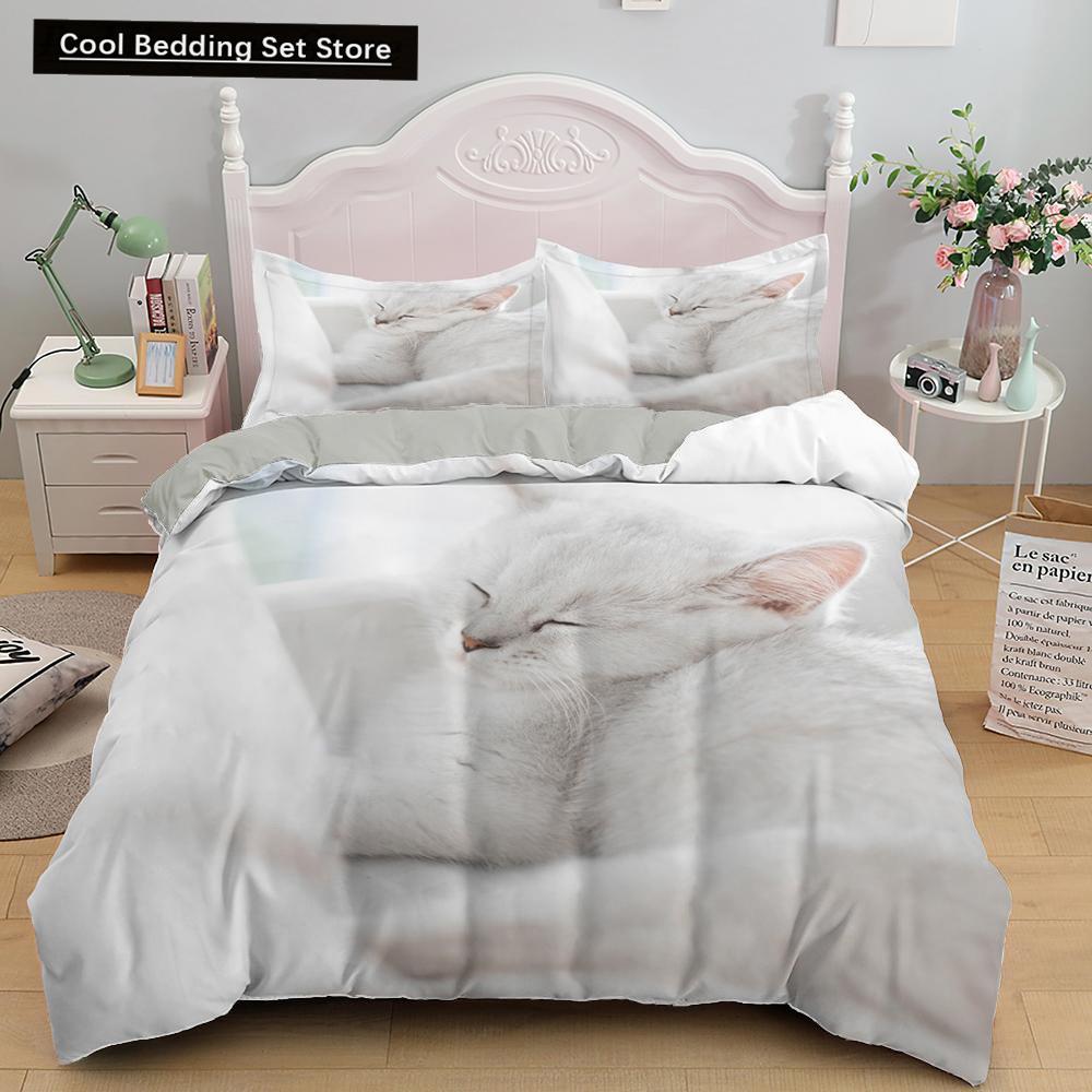 White Cat King Queen Duvet Cover Kawaii Pet Kitty Bedding Set for Kids Teens Adults Family Animal 2/3pcs Polyester Quilt Cover