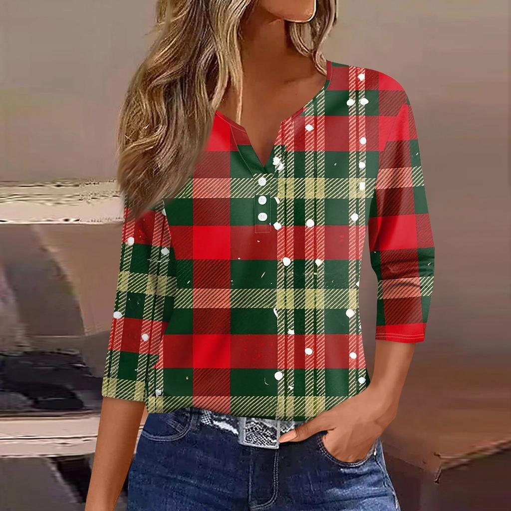Women's T Shirt Tee Christmas Print Button 3/4 Sleeve Daily Weekend Fashion Basic V Neck Regular Top