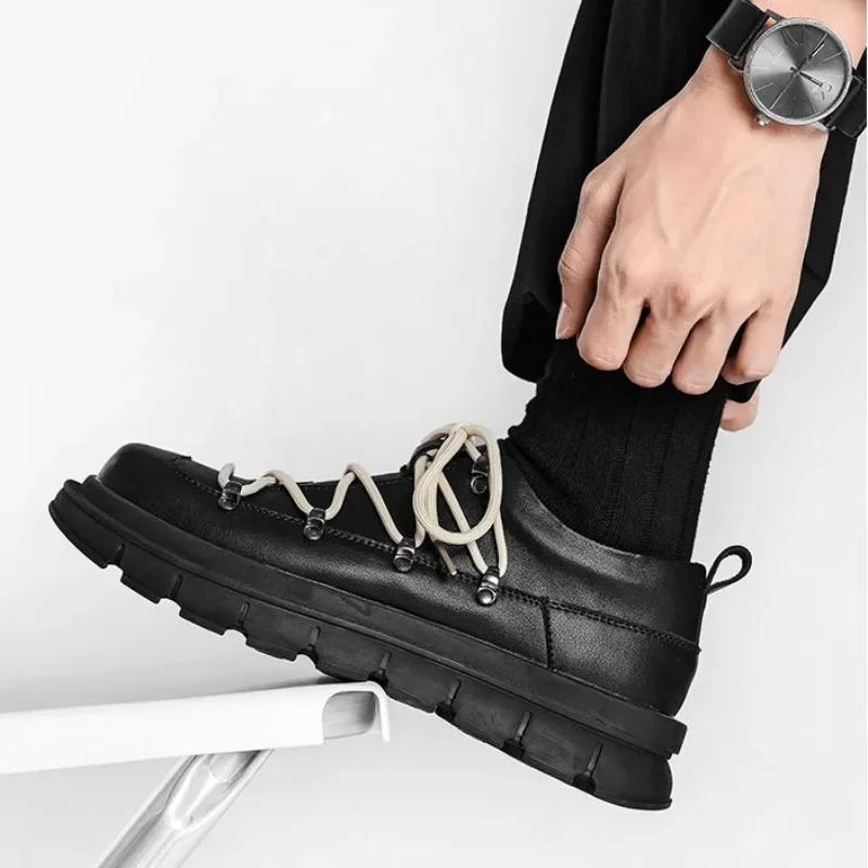 Туфли из толстой кожи на толстой подошве, мужские туфли из натуральной кожи со шнуровкой, модные повседневные туфли, дизайнерские мокасины, мужские ботильоны