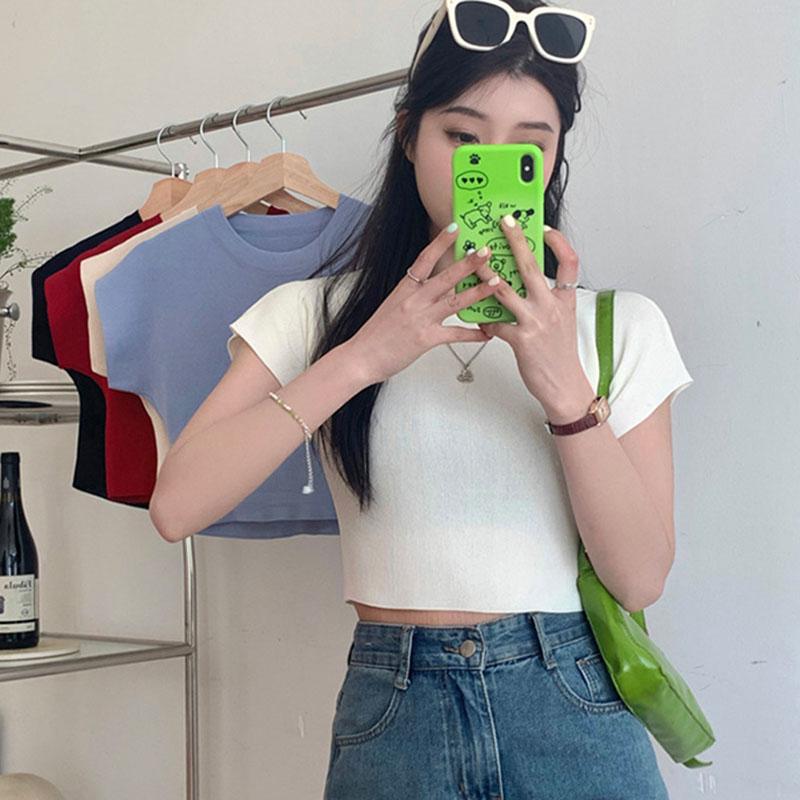 Женская летняя повседневная футболка с коротким рукавом и круглым вырезом, однотонная футболка с голым животом, укороченный топ