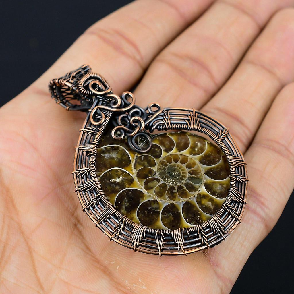 Аммонит ископаемый драгоценный камень чистая медная проволока обернутая дизайнерская подвеска ручной работы ювелирные изделия для подарка