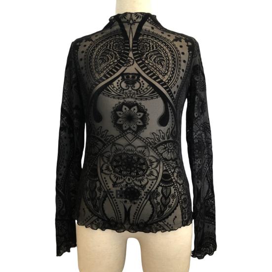 Женские топы с круглым вырезом и длинным рукавом, облегающие, весна-осень, пуловеры, топы, прозрачные, с геометрическим узором, кружевные, цветочные, сетчатые футболки