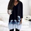 Womens Tops V-neck 3/4 Sleeve Blouses Casual Mid-length Shirts Fashion Print Tunic Tops With Pockets