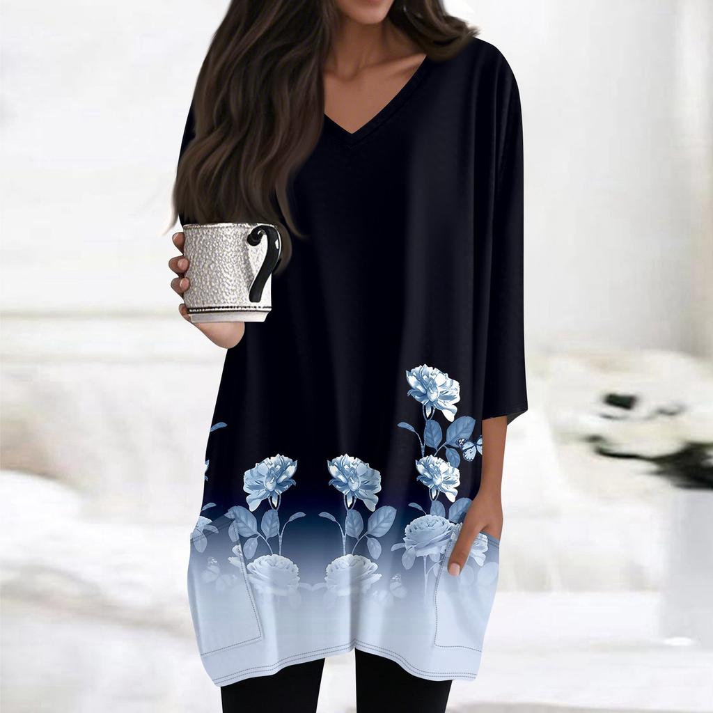 Womens Tops V-neck 3/4 Sleeve Blouses Casual Mid-length Shirts Fashion Print Tunic Tops With Pockets