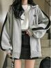 Korean Color Block Embroidered Letter Zip-Up Fleece Hoodie for Women - Harajuku Style