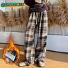 Christmas Women's Thick / Thin Winter Casual Plus Velvet High Waist Fleece Wide Leg Pants Tweed Plaid Pants Trousers Korean Style Clothes