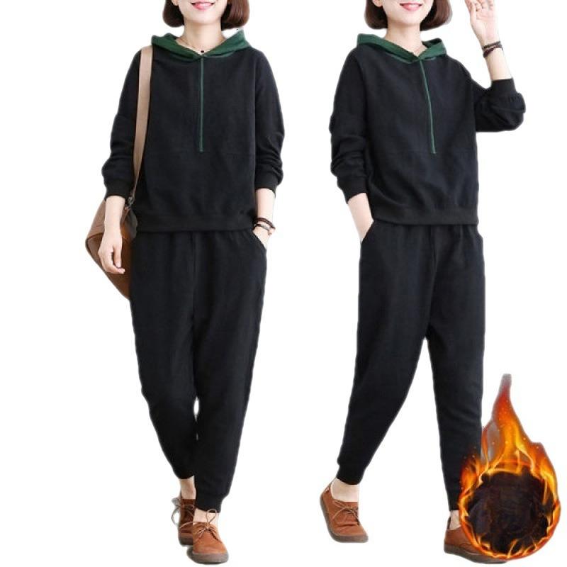 Бархатный Утепленный Повседневный Спортивный Костюм Женский Осенне-Зимний Свободный Худи Свободного Кроя Большого Размера Комплект из Двух Предметов