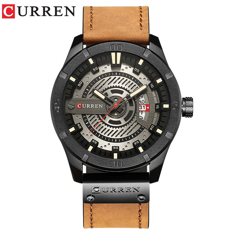Curren 8301 Мужские водонепроницаемые кожаные кварцевые часы с датой