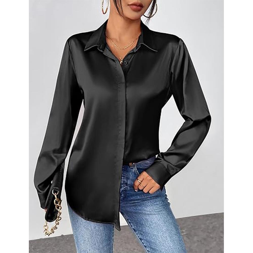 Атласные блузки для женщин, повседневные шелковые рубашки с длинным рукавом, нарядные деловые туники для работы, топы