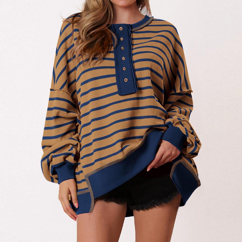 Women's Fashion Striped Round Neck Long Sleeve Button Top Color Blocked Pullover Sweatshirt Top