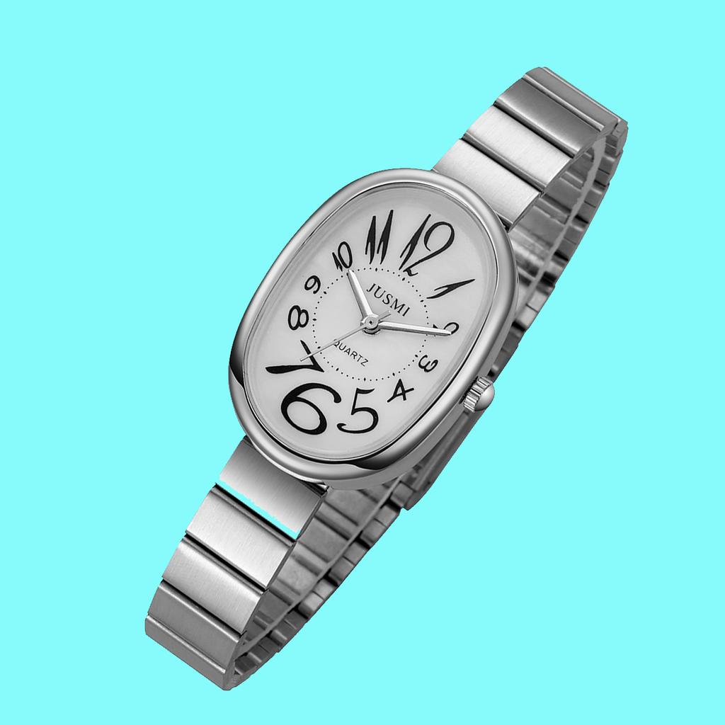 Женские изысканные и ценные кварцевые часы с овальным циферблатом со шкалой в виде арабских цифр, стальным ремешком в бамбуковом стиле.