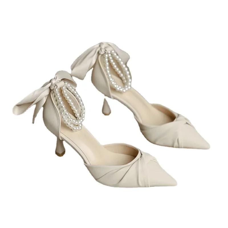 Модные женские элегантные белые босоножки на высоком каблуке, летние туфли на толстой платформе с ремешками на щиколотке и жемчугом, женские туфли-лодочки с кружевным галстуком-бабочкой, роскошные туфли для вечеринок