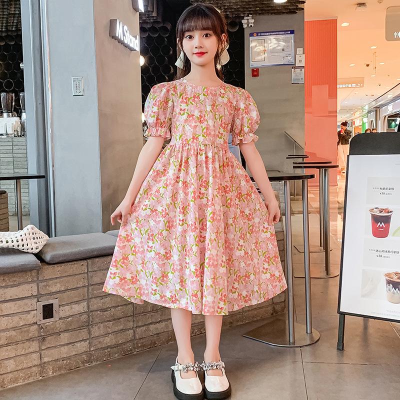 Girls' Summer Dress Cotton Dress Floral Puff Sleeve French Forest Oil Painting Style Sweet Cotton Dress