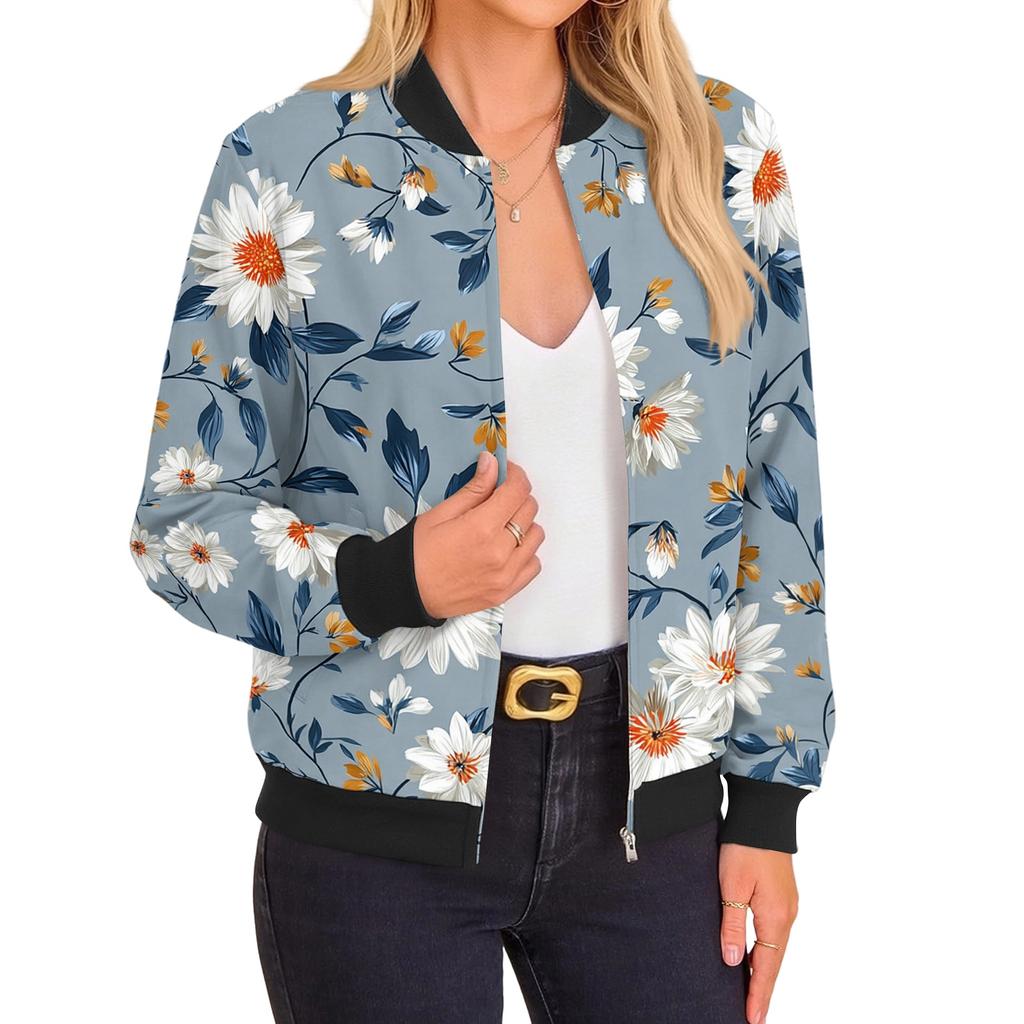 Women's Fashion Long Sleeve Floral Print Round Neck Zip Up Jacket