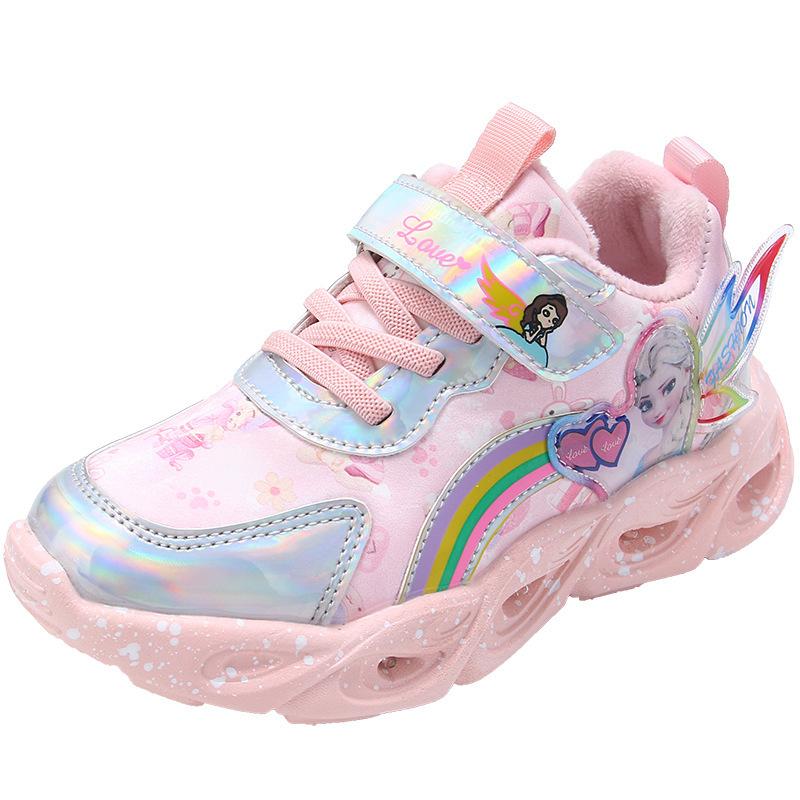 Кроссовки для девочек с подсветкой 2025 года, весна и осень, новые туфли принцессы из сетчатой кожи для маленьких девочек, мягкая подошва, детские туфли с подсветкой