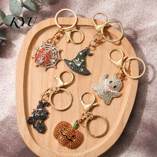 Zinc Alloy Keychain Halloween Rhinestone Pumpkin Keychain, Ghost Witch Hat Spider Web Cat Party Favors Bag Charm, Car Key Ring for Handbags Backpacks