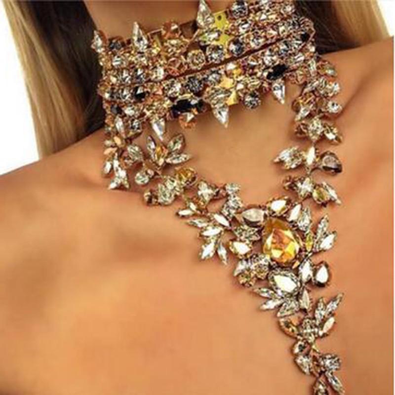 Full Rhinestone Water Drop Pendant Necklace, Exaggerated Collarbone Chain Clothing Accessory For Women
