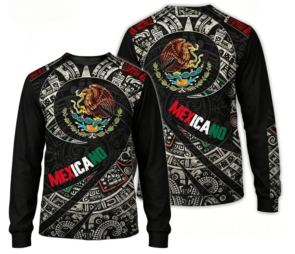 Men's 3D printed Mexican flag long sleeved fashionable round neck top street style Harajuku style long sleeved T-shirt