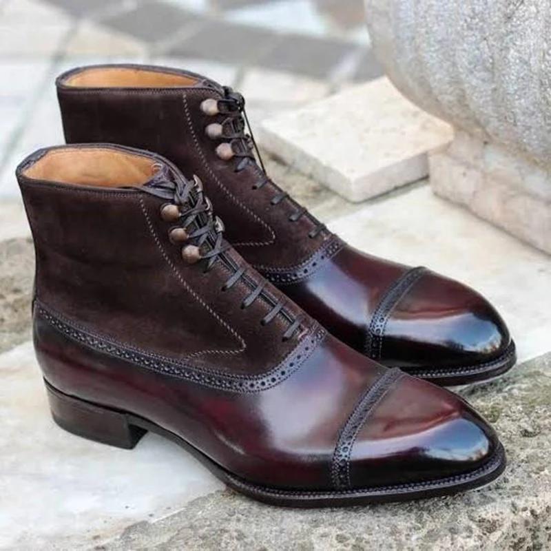 Новые коричневые мужские короткие ботинки из флока со шнуровкой на щиколотке и ремешком на щиколотке, черные деловые ботинки ручной работы Botas De Hombre