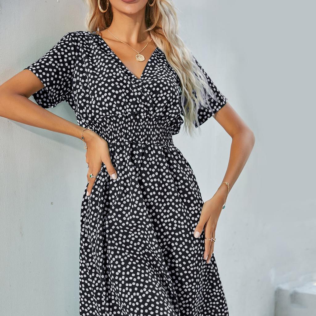 Модная женская повседневная юбка-миди с v-образным вырезом и принтом, платье с эластичной резинкой на талии