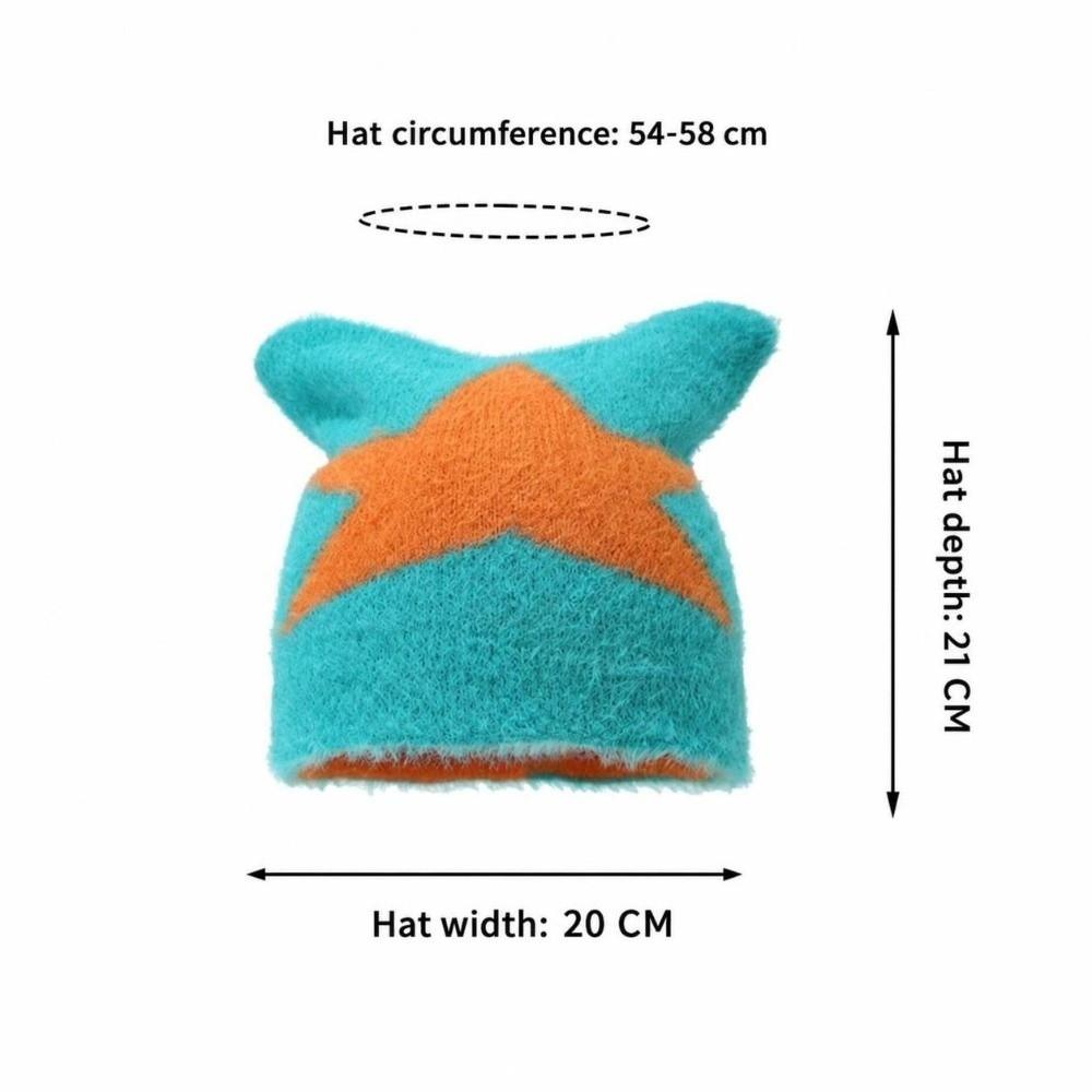 Star Pattern Knitted Bonnet Hat Soft Animal Ear Cap New Cat Ears Knitted Beanie Hat  Winter