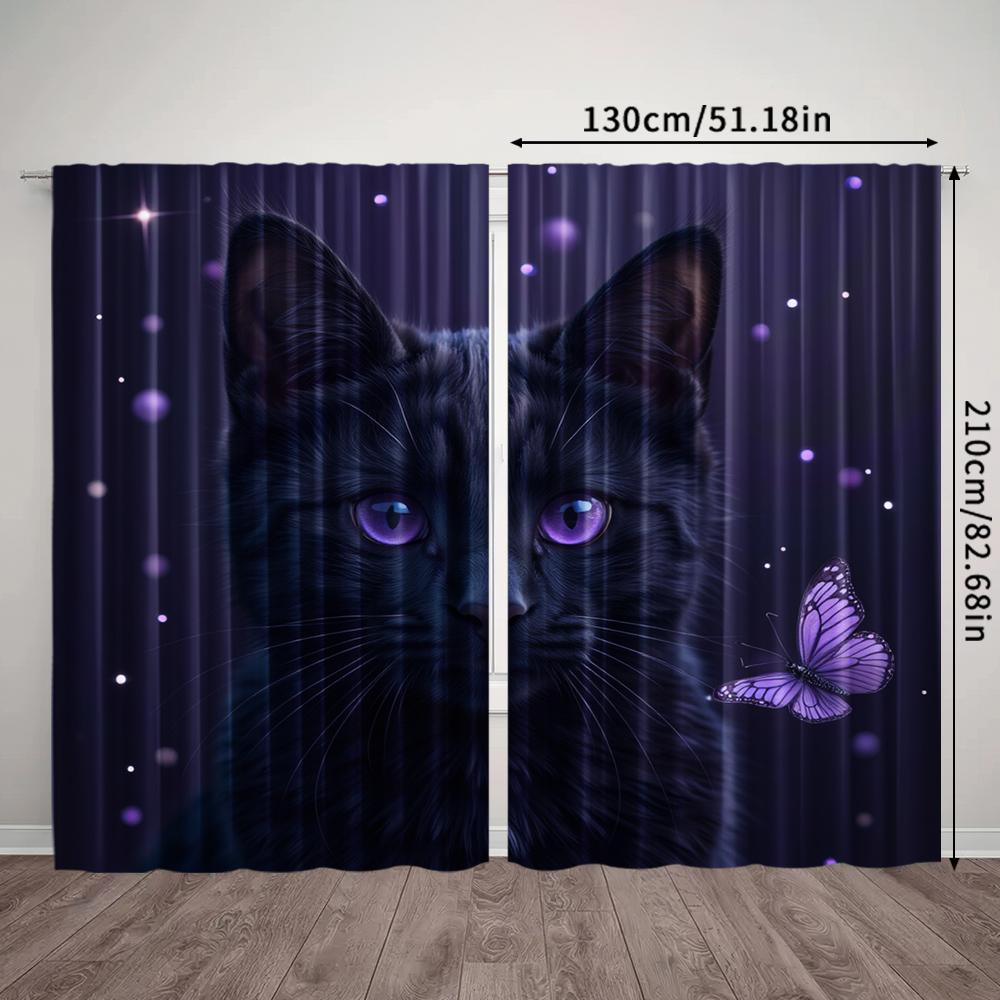 2pcs, spring summer Curtains Black Cat and Purple Butterfly Art Digital Print Drapes Versatile Fabric Room Decor for Bedroom,