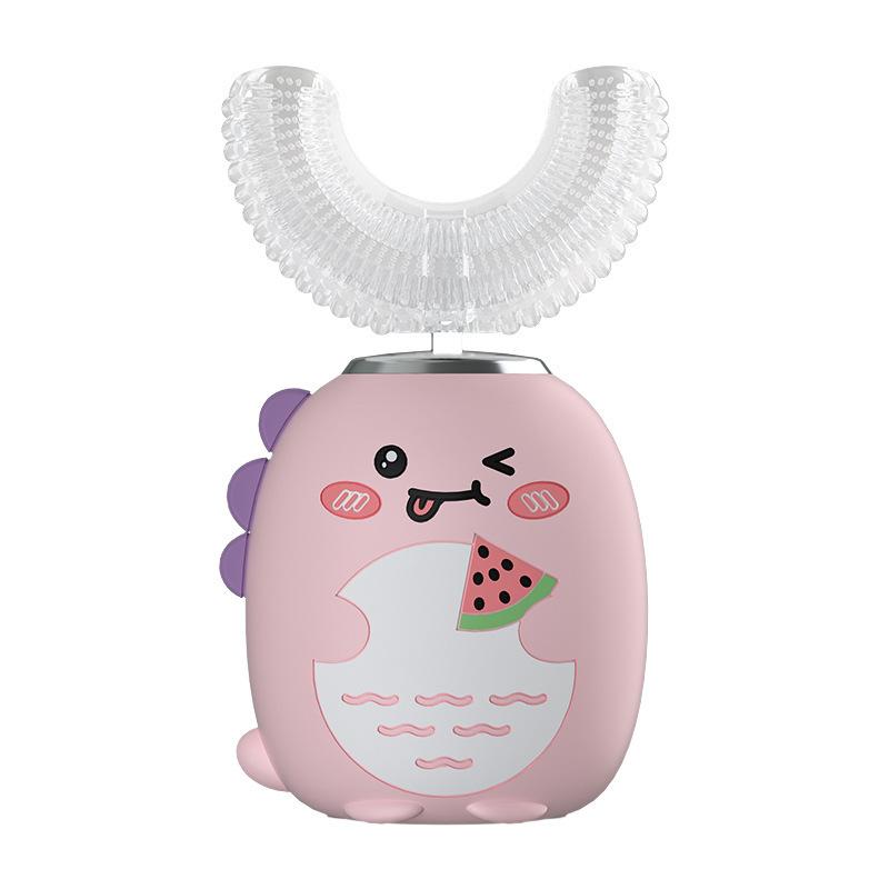 Мультяшная U-образная детская электрическая зубная щетка в виде динозавра для детей от 3 до 12 лет с зубной пастой, перезаряжаемая, водонепроницаемая, звуковая, мощная, на батарейках