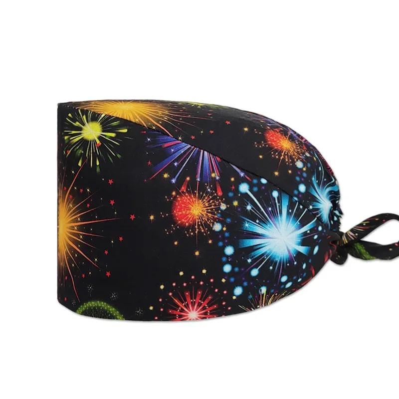 HZMNOI 100% Хлопок Хирургические Шапочки с Принтом Завязки Эластичная Секция Медсестра Шапочка Скраб для Мужчин Женщин Больница Медицинские Шапочки Новинка