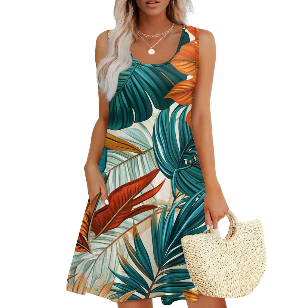 Женское повседневное модное платье с принтом и U-образным вырезом без рукавов