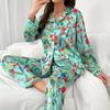 Spring Autumn Loose Comfortable Pajamas Suit Flower Print Women Ice Silk Pajamas Homewear Long Sleeve Two-piece Set Femme Satin