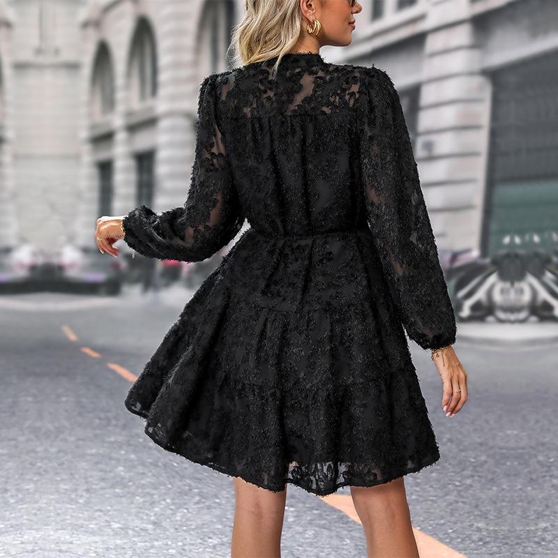 Spring and Summer Elegant Retro Lace Long Sleeve Dress Women Fashion A Line Casual Loose Dresses Women Slim Fit Solid Party Club Female Dress 26645
